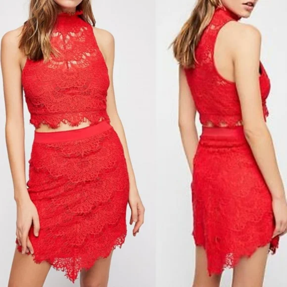 Free People Sabina Ginger Set Crop Top Mini Skirt Lace Red Sizes Sm & Md NWT - Picture 16 of 16